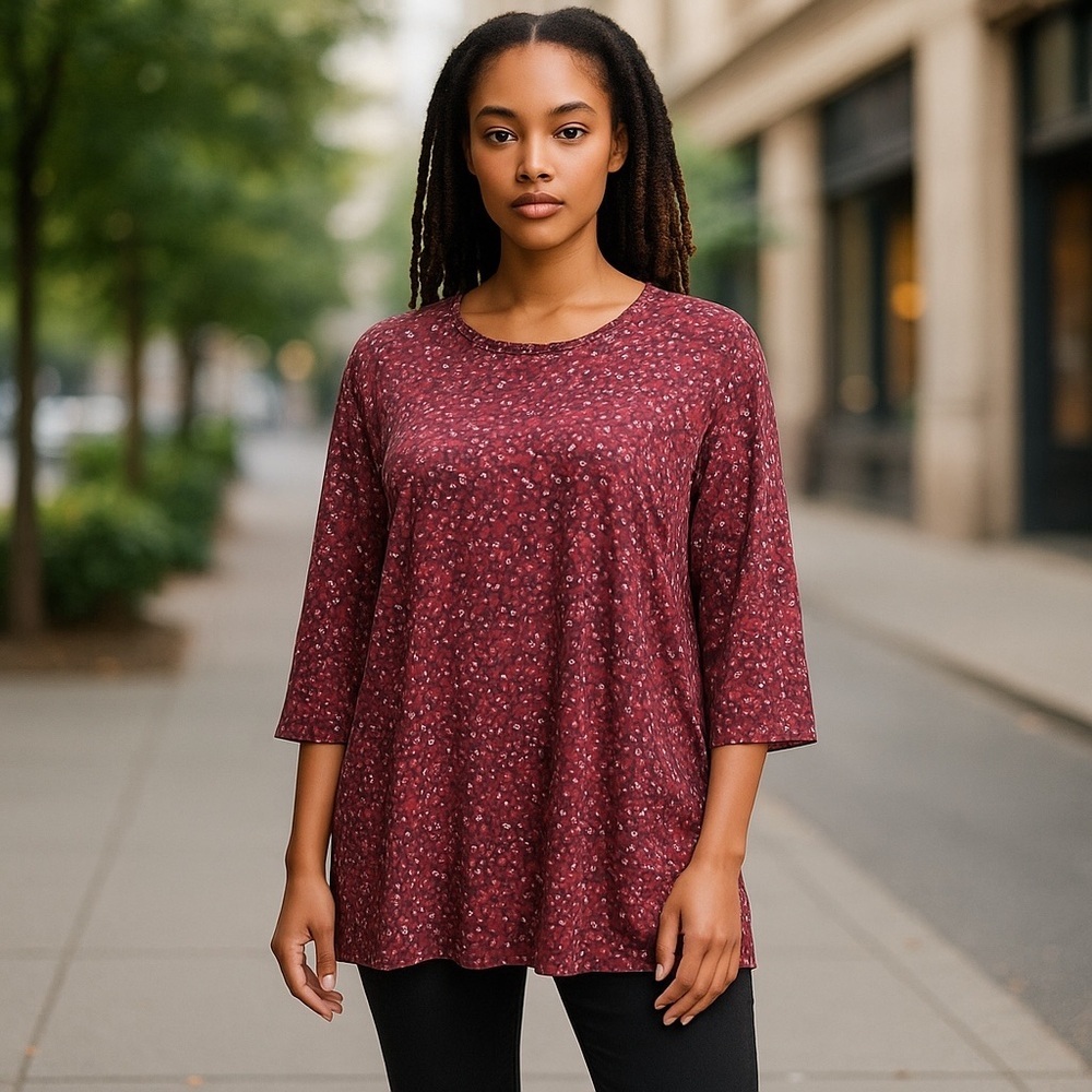 Woman Within  burgundy floral tunic top 100% cotton 3/4 sleeve med (14-16)